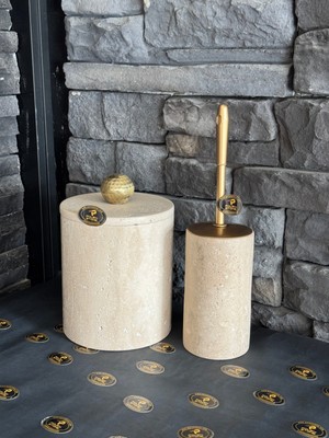 UltraMint Doğal Taş Traverten Çöp Kovası ve Tuvalet Fırçalığı 2’li Set