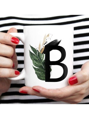 Braventa Collection B Harfi Baskılı Çiçek Desenli Dekoratif Baş Harf Baskılı Kupa Bardak B Harfli Kahve Bardağı