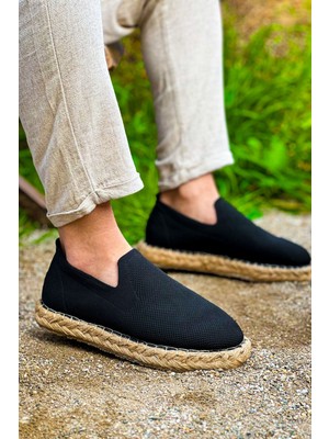 Zapatos CH305 Erkek Günlük Bağcıksız Hasır Taban Triko Klasik Ayakkabı Tht - Siyah