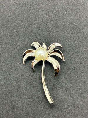 Boncukcu Abla Gümüş Yapraklı Palmiye Model Çiçek Broş Inci Detay Dikme Broş 5 cm