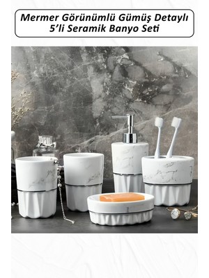 UltraMint 5'li Mermer Görünümlü Gümüş Detaylı Seramik Banyo Seti