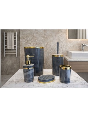 UltraMint Lüks Mermer Desenli 5'li Lacivert Banyo Seti Gold Detaylı Şık Tasarım