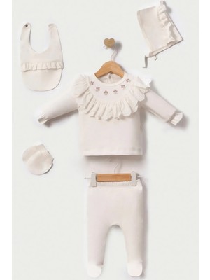 Veralya Lale Nakışlı Yenidoğan Kız Bebek 5 Parça Hastane Çıkışı Zıbın Seti