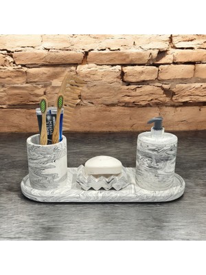 UltraMint Modern Mermer Dokulu Beton Banyo Aksesuar Seti 4 Parça
