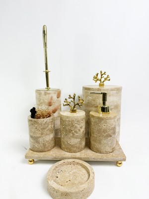 UltraMint Şık Yuvarlak 7 Parça Traverten Banyo Seti, Gold Mercan Aksesuarlı