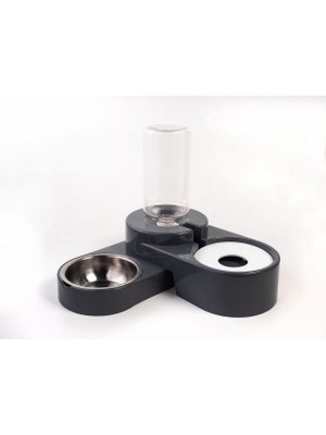 Braventa Collection Köşeli Ayarlanabilir Hazneli Çelik Taslı Kedi-Köpek Mama ve Su Kabı Seti 1000ML Gri