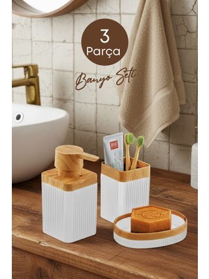 UltraMint Ahşap Desenli Bohem Banyo Seti 3 Parça Beyaz