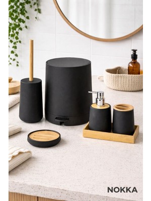 UltraMint 6 Parça Bambu Detaylı Akrilik Banyo Seti, Pedallı Kova ve Sabunluk