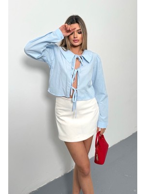 Jee Lee Kadın Önü Bağlama Detaylı Uzun Kollu Gömlek Mavi - 26Y 1045