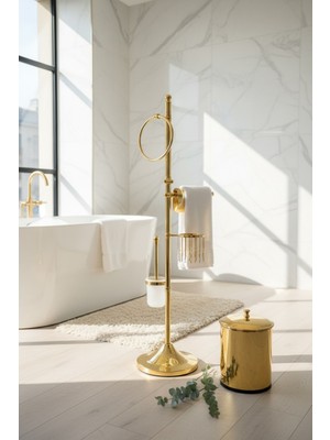 UltraMint Gold Renk Banyo Seti, Fırçalık, Havluluk, Kova ve Tuvalet Kağıtlık