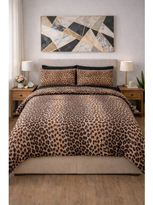 Mirvona Home Ranforce Leoparlı Çift Kişilik Lastikli Çarşaflı Fermuarlı Nevresim Takımı
