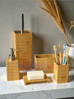 UltraMint Doğal Bambu Banyo Seti, Sıvı ve Katı Sabunluk, Diş Fırçalık, Çok Amaçlı Takım