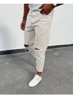 Başak Collection Erkek Açık Krem Yırtık Detaylı Boyfriend Jean