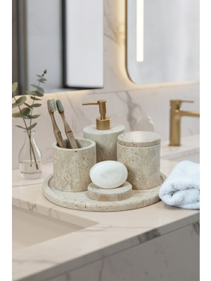 UltraMint El Yapımı Traverten Mermer Banyo Seti, 5'li Doğal Taş Aksesuarları