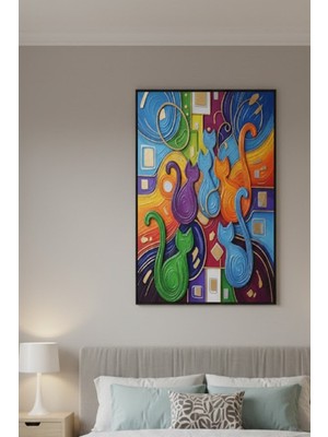 Safir Design Çok Renkli Kübik Kedi Ailesi Tablo | Modern Çerçeveli Tablo