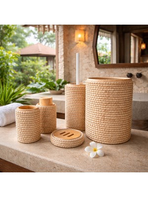 UltraMint Estetik Jüt Kaplama 5 Parça Banyo Seti, Şık ve Fonksiyonel Tasarım