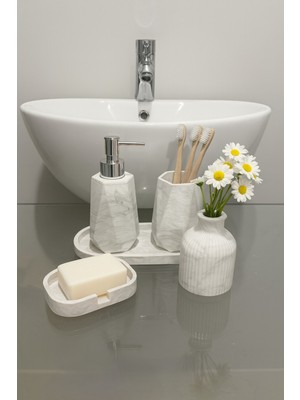 UltraMint Şık Mermer Dokulu 5 Parça Banyo Seti: Sabunluk, Fırçalık, Dekor Tepsi ve Vazo