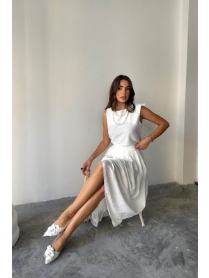 Başak Collection Keten Kolsuz Bluz - Maxi Etek Takım - Beyaz