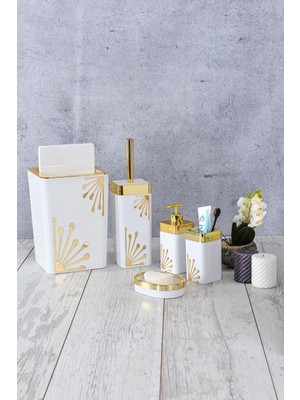 UltraMint Şık Beyaz 5 Parça Kare Gold Akrilik Banyo Seti