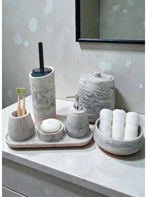 UltraMint Mermer Desenli Beton Banyo Seti, Sıvı Sabunluk ve Diş Fırçalığı Takımı