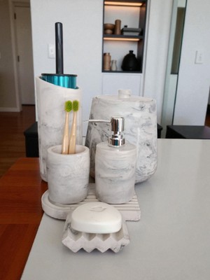 UltraMint Şık Mermer Serisi Banyo Seti: Çöp Kovası, Tuvalet Fırçası, Tepsi, Sabunluk