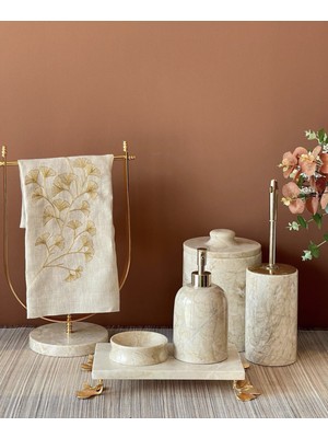 UltraMint Şık Bej Mermer Ginko Banyo Seti, 6'lı, Dekoratif ve Detaylı Tasarım