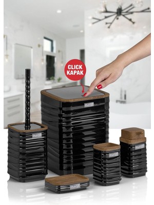 UltraMint Siyah Ahşap Desenli Kare Banyo Seti 5'li, Şık ve Fonksiyonel Tasarım