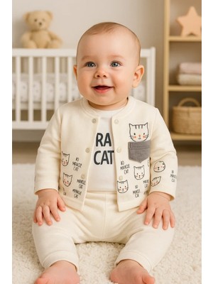 Hazego Kedi Desenli 3'lü Hırkalı Kız Bebek Takım