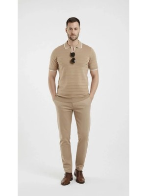 Başak Collection Erkek Triko Kumaş Yakalı Düğmesiz Açık Yaka Fitilli Kısa Kollu Regular Fit Tişört T-Shirt - Bej