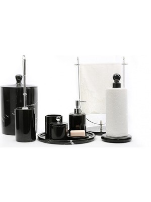 UltraMint Şık Siyah Mermer ve Gümüş Detaylı 9'lu Banyo Seti Takımı