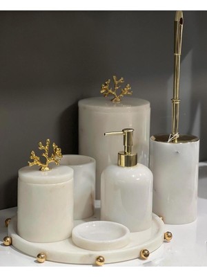 UltraMint Beyaz Mermer Banyo Seti, Yaprak Detaylı, Şık ve Zarif Tasarım