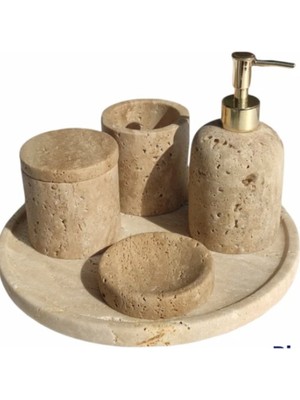 UltraMint Şık Traverten Mermer Banyo Seti, 5 Parça, Detaylı Tasarım