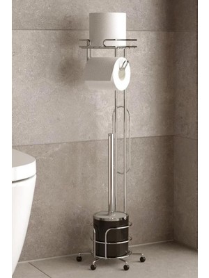 UltraMint Modern Ayaklı Wc Kağıtlık ve Klozet Fırçalık Seti, Krom Finish