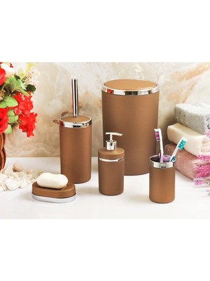 UltraMint Akrilik Yapım Gümüş Çizgi Soft 5'li Yuvarlak Banyo Takımı, Kahverengi
