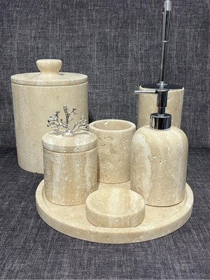 UltraMint Şık 7'li Traverten Mermer Banyo Seti, Zarif ve Dayanıklı Tasarım