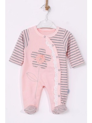 Hazego Çiçek Nakışlı % 100 Pamuk Ayaklı Kız Bebek Tulumu