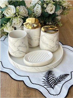 UltraMint Şık Mermer Desenli Gri Banyo Seti 5 Parça, Modern ve Zarif Tasarım