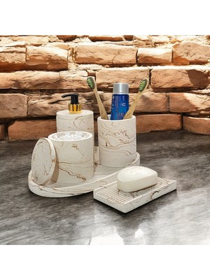 UltraMint Şık Mermer Desenli 5 Parça Beton Banyo Aksesuar Takımı