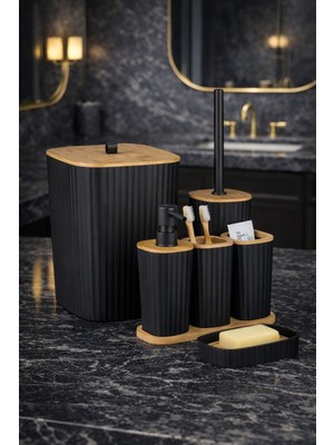 UltraMint Safir Bambulu 6 Parçalı Siyah Banyo Seti, Şık ve Dayanıklı Tasarım