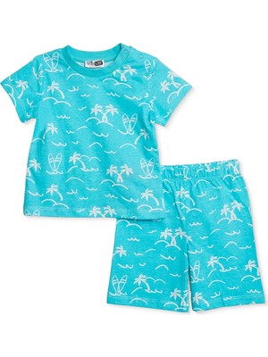 Hellobaby Hellobaby, Erkek, Kısa Kol Pijama Takımı, Palmiye Baskılı, Çıtçıtlı, Bisiklet Yaka, Kısa Paça, Kısa Kol