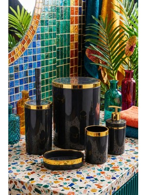 UltraMint 5 Parça Şık Akrilik Banyo Seti, Altın Detaylar, Gri Mermer Desen