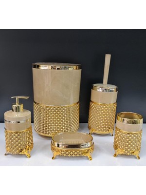 UltraMint 5'li Yuvarlak Akrilik Ferforje Kafes Banyo Seti, Krem Mermer ve Gold Karo Deseni
