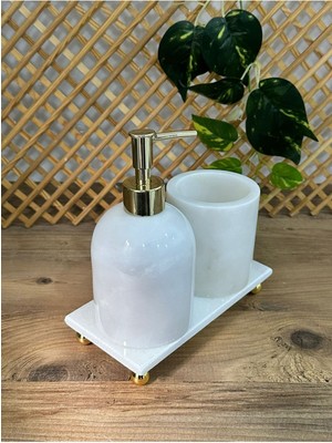 UltraMint 3'lü Banyo Seti, Sıvı Sabunluk ve Diş Fırçalıklı, Gold ve Beyaz Mermer