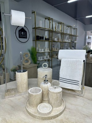 UltraMint Şık 9 Parça Traverten Mermer Banyo Seti, Modern ve Zarif Tasarım