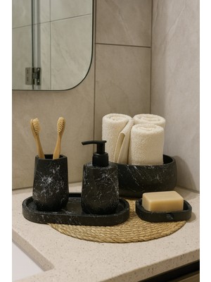 UltraMint Şık Mermer Desenli 5 Parça Banyo Seti, Sıvı/katı Sabunluk ve Aksesuarlar