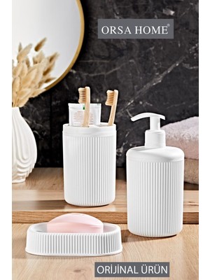 UltraMint Çizgi Desenli Beyaz 3'lü Banyo Seti, Sabunluk, Diş Fırçalık ve Sıvı Sabunluk