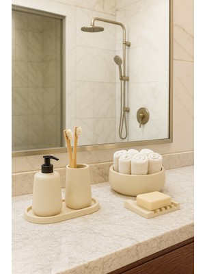 UltraMint Şık 5 Parça Bohem Tarz Banyo Seti, Sıvı ve Katı Sabunluk, Diş Fırçalık, Tepsi ve Havluluk