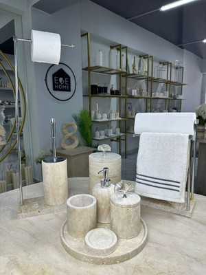 UltraMint Şık 9 Parça Traverten Mermer Banyo Seti, Zarif ve Fonksiyonel Tasarım