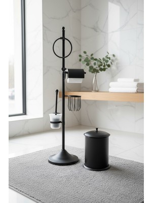 UltraMint Şık Siyah Banyo Seti, Fırçalık, Tuvalet Kağıtlık, Havluluk, Kova
