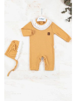 Hazego Brode Nakışlı Şapkalı % 100 Pamuk Kız Bebek Tulumu